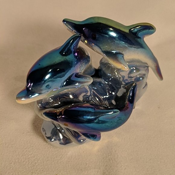 Vintage 3 Dolphin Figurine Sculpture Decor Iridescent Dolphins Waves Collectible - Picture 6 of 12